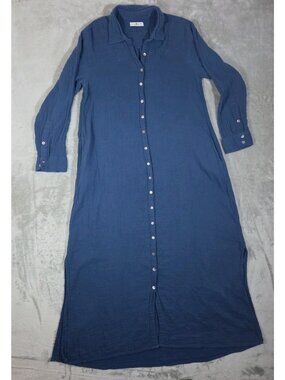 Natural Life Blue Crinkle Gauze Maxi Shirt Dress Button Front Medium Long Sleeve